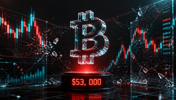 A crystalline 3D Bitcoin sculpture sits on a pedestal displaying '$53,000', surrounded by glowing red and blue candlestick market charts.