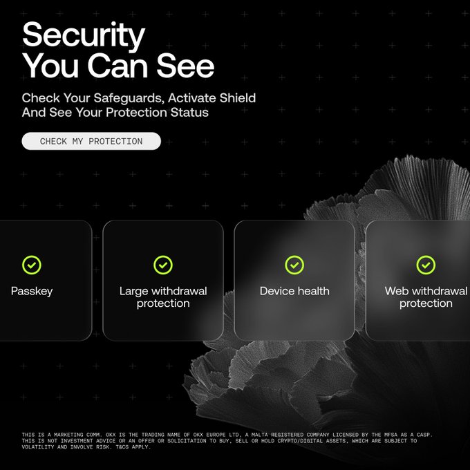 An advertisement displays 'Security You Can See' with options to 'Check Your Safeguards, Activate Shield And See Your Protection Status' and a 'CHECK MY PROTECTION' button, highlighting features like Passkey, Large withdrawal protection, Device health, and Web withdrawal protection, with OKX branding visible in the disclaimer.