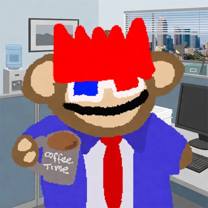 A crudely drawn cartoon character with red spiky hair and a blue shirt holds a coffee mug that says 'coffee time' in an office setting.