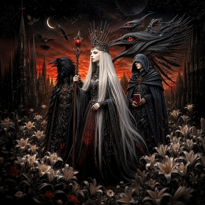 Dark fantasy artwork showing a pale queen with long white hair and a spiked crown holding a staff, flanked by a raven-feathered figure and a hooded figure, standing in a field of lilies under a red sky with a dragon-like creature.