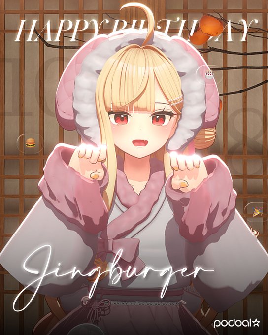 An anime-style birthday illustration featuring a blonde girl in a pink and white hooded outfit with cat-like ears, set against a Japanese-style background with text reading 'HAPPY BIRTHDAY' and 'Jingburger' along with a 'podoal' watermark.
