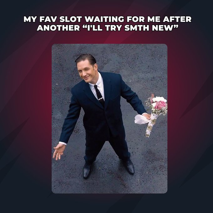 The image shows a meme with text "MY FAV SLOT WAITING FOR ME AFTER ANOTHER 'I'LL TRY SMTH NEW'" over a photo of a smiling man in a suit holding a bouquet of flowers with arms outstretched. It humorously illustrates the relatable experience of gambling players who claim they'll try new slots but always return to their old favorites, tying into the BetFury post about slot loyalty.
