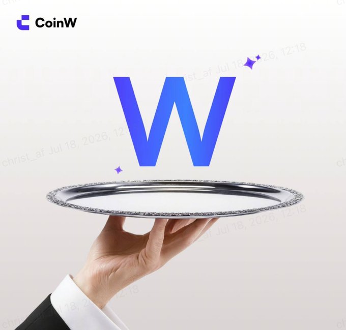 A hand in a black suit sleeve holds up a silver tray presenting a large blue "W" floating above it, visually representing the caption's question "Who's claiming this W?" as the "W" (a slang term for a win) is offered on a serving platter. The CoinW logo appears in the top left corner, and a faint watermark reads "christ_af Jul 18, 2026, 12:18" across the image.