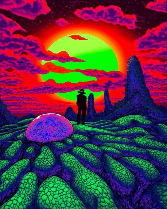 A lone cowboy surveys a surreal alien landscape bathed in vivid neon pinks and greens beneath a massive radiant sun, the glowing pink dome and otherworldly terrain beside him symbolizing the strange and unfamiliar terrain he's had to navigate—much like the resilience celebrated in the post about being proud of all you've figured out along the way.