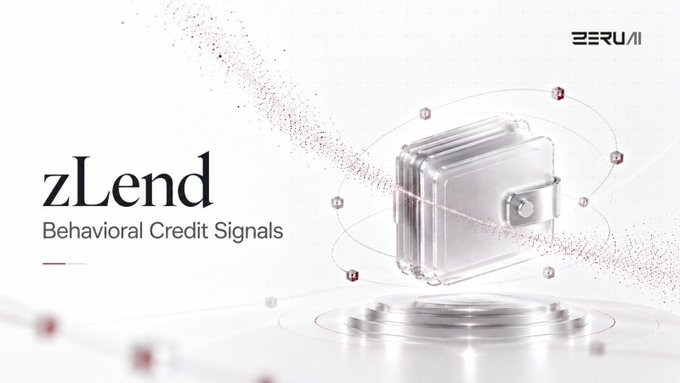 The image is a promotional graphic for "zLend - Behavioral Credit Signals" by Zeru Finance, featuring a transparent wallet icon surrounded by orbiting data points on a reflective platform, with the Zeru Finance logo in the top right corner. The visual of a wallet with surrounding analytical elements reinforces the post's message that zLend looks beyond simple wallet balances to assess onchain lending risk through behavioral analysis.