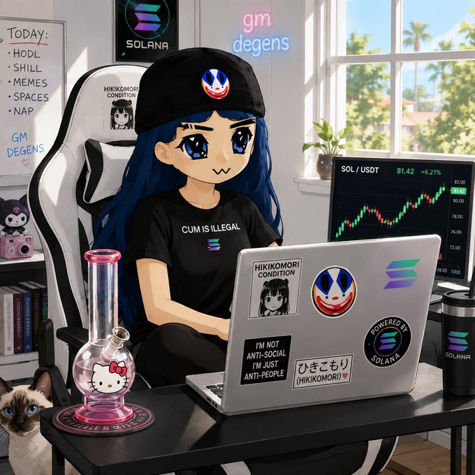 An anime-style illustration of a blue-haired character wearing a 'CUM IS ILLEGAL' Solana t-shirt, sitting at a desk with a laptop showing crypto trading charts and Solana stickers.