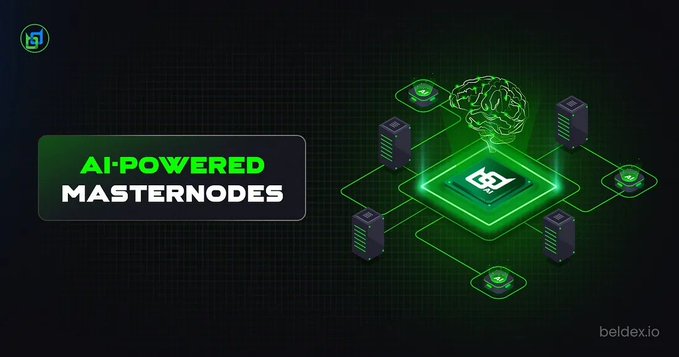 A digital banner for 'beldex.io' promoting 'AI-POWERED MASTERNODEs' with green isometric graphics of servers and a brain network.