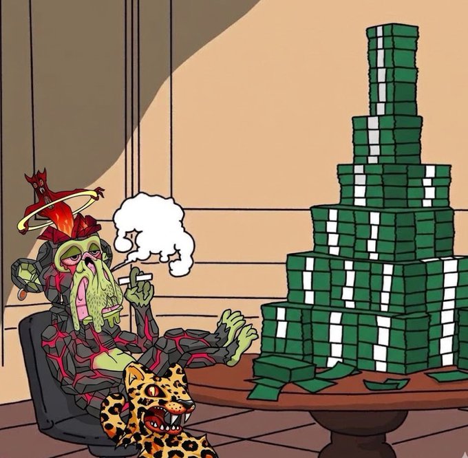 A cartoon illustration of a green-skinned zombie character smoking a cigarette, sitting beside a small leopard and a massive tower of cash stacks.