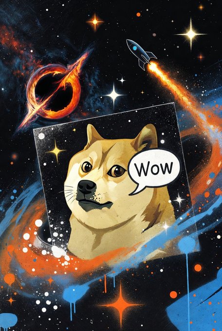 An illustration of a Shiba Inu dog (Doge) with a speech bubble saying 'Wow' against a cosmic backdrop featuring a fiery black hole and a rocket ship.