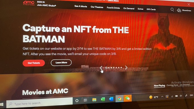 The image shows a computer screen displaying a website called "Amc.com" with a red background and white text. The website appears to be advertising a movie or show that has been released, possibly related to the popular TV series "The Batman". The image also contains some text about capturing an NFT from the Batman character.