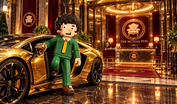 A voxel-style 3D character with dark hair and a mustache, wearing a green suit and yellow tie, steps out of a gold sports car in a luxurious gold and red lobby with 'THE MUTUAL FUN' text visible.
