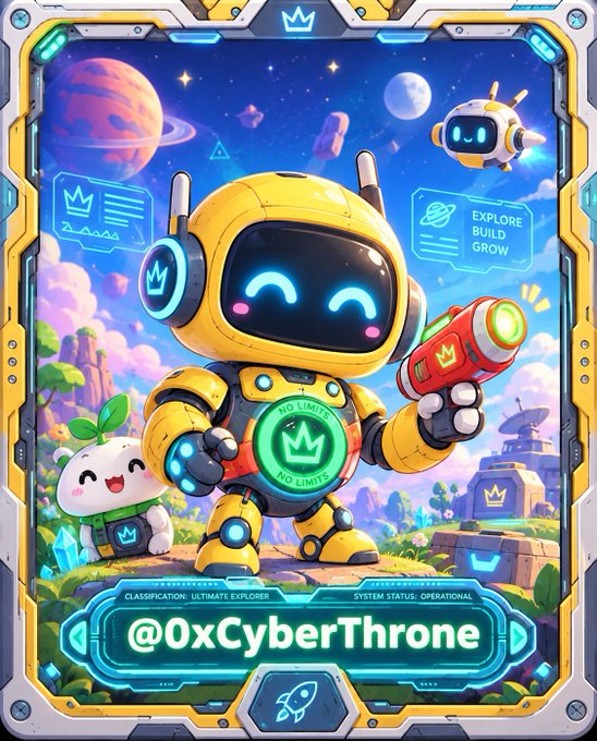 A colorful digital trading card-style illustration features a yellow robot character with 'NO LIMITS' on its chest alongside a small white creature, with the handle '@0xCyberThrone' and 'EXPLORE BUILD GROW' visible.