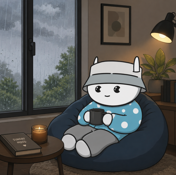 A cute cartoon illustration of a white horned character wearing a bucket hat and blue polka-dot shirt, sitting in a bean bag chair holding a mug, with a 'SUNDAY MOOD' book, lit candle, and rainy window scene.