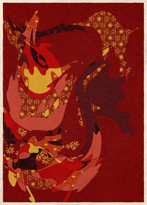 An abstract digital artwork featuring overlapping profile faces in deep red, black, and gold patterns, possibly depicting the anime character Naruto.