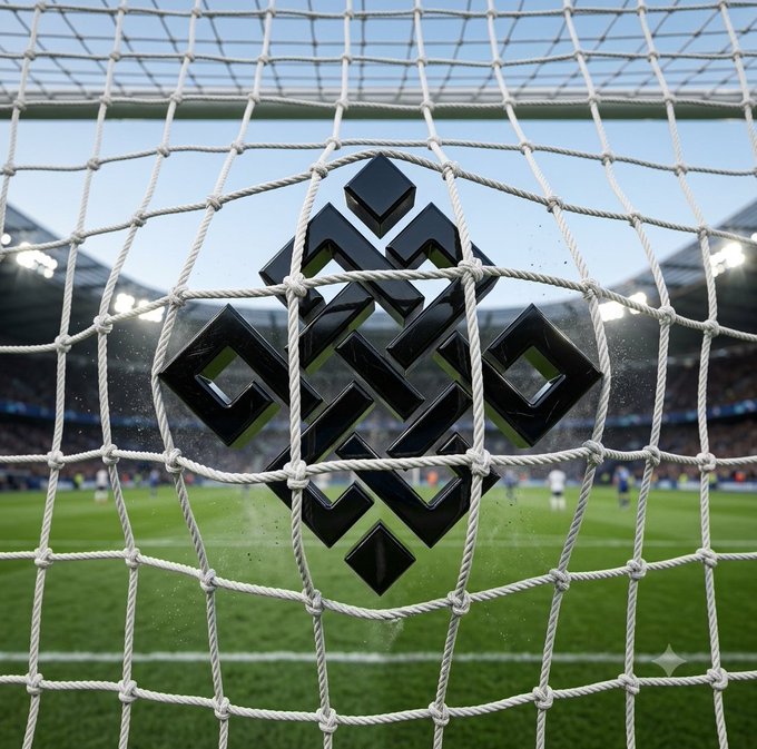 A black geometric logo is displayed on a soccer goal net with a stadium visible in the background.