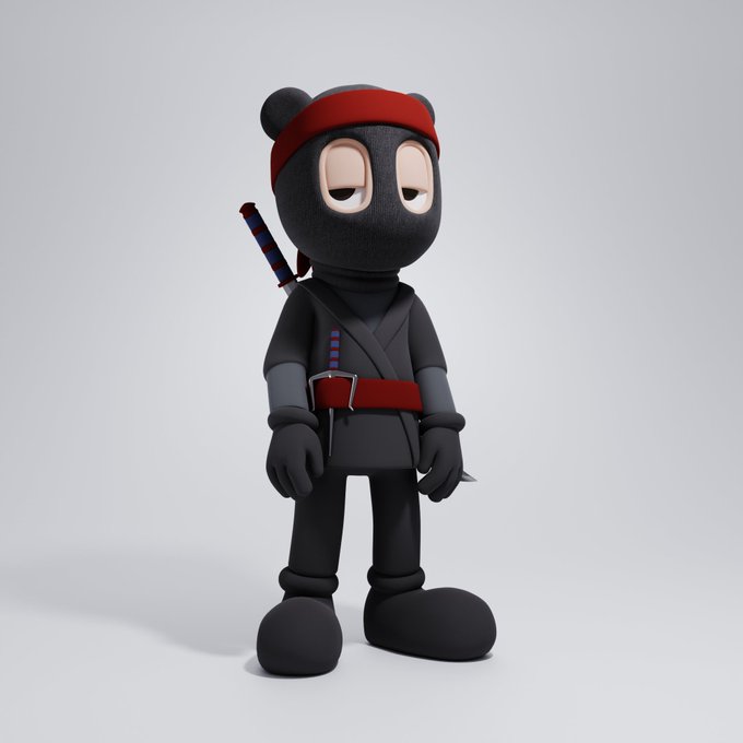 A 3D-rendered ninja character with a red headband, dark gi, and a sheathed katana stands against a gray background, matching the "Ninja premium build" referenced in the post about the NFT sale for 0.85 ETH.