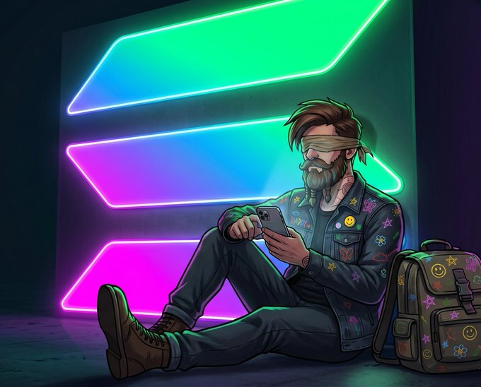The image features a man sitting down with his legs crossed, wearing a backpack and holding a cell phone. He appears to be looking at or using the device while seated. The background of the image includes neon lights that are green, purple, and blue in color. There is also an "E" on the wall behind him. The post reads: "GM bosses Go grab some Solana this weekend!".