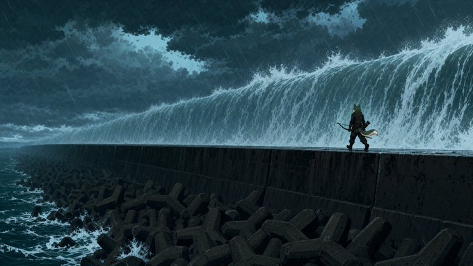 A dramatic digital artwork of a lone warrior with a green cloak and spear standing on a concrete breakwater as a massive wall of water surges behind them under stormy skies.