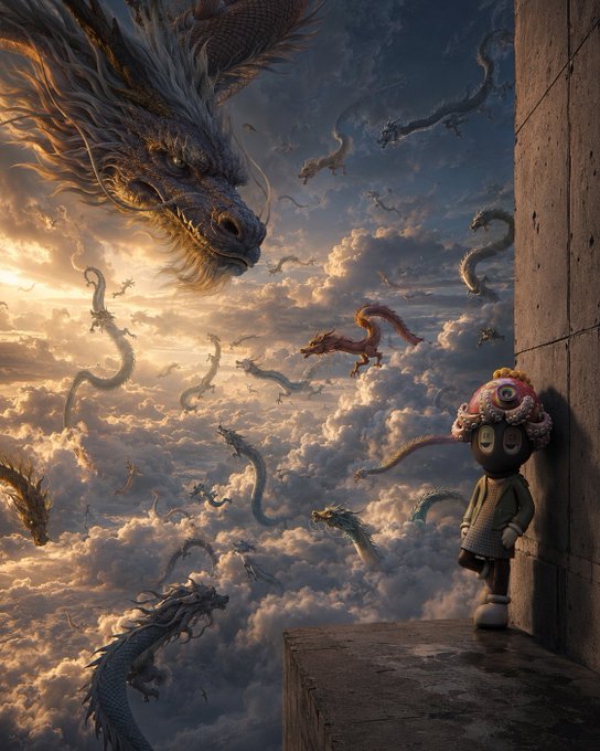 A small cartoon character with a colorful mushroom-like hat stands on a stone ledge, gazing out at a vast sky filled with a massive dragon and numerous smaller dragons swirling among dramatic clouds—perfectly complementing the "Gm" greeting with its whimsical sense of awe and adventure.