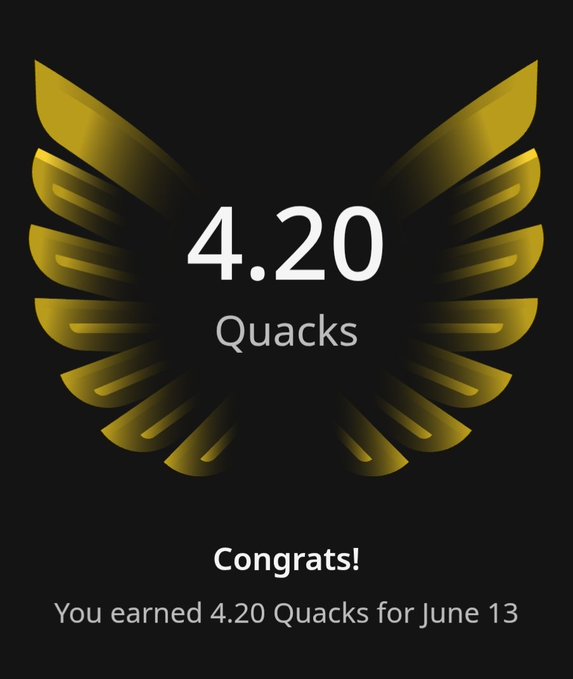 The image features a gold-colored bird's wing with the number 4.20 displayed below it. The text "concludes" suggests that the user has completed an achievement or task, possibly related to the bird's wing design. The post also mentions that the user has earned 4.2 Quacks for their accomplishment on @wallchain in one day. This implies that the user has achieved a high score or recognition within the community of wallchain users.