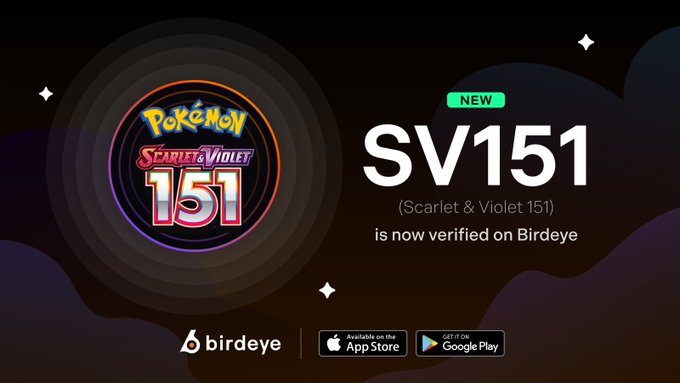 The image features a black background with white text that reads "SV151" and "Scandal & Violet 15". The text also includes an app store link for the game "Pokemon", as well as a social media app like Instagram, Twitter, and Facebook. The post is about a milestone in the expansion of the Pokemon SV151 game into the Solana ecosystem, with a focus on the new tokenized share of sealed packs that has been listed on @sunrisedefi and verified by Birdeye.