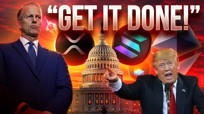 This image depicts Donald Trump and another man in front of the Capitol Building, with logos for XRP, Solana ($SOL), and Ethereum ($ETH) all visible and overlaid with the text "GET IT DONE!". The imagery and text likely relate to the accompanying post about losing patience and the mention of cryptocurrency tickers.