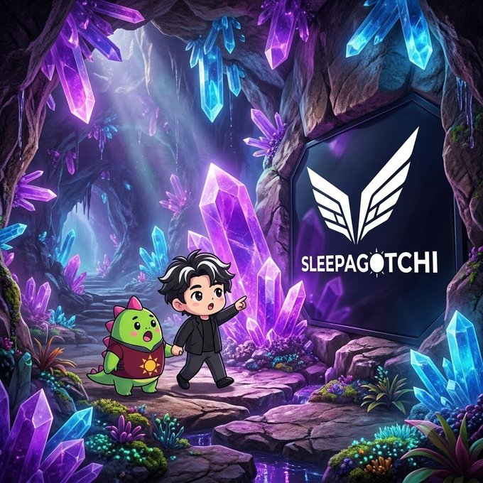 An illustration for 'SLEEPAGOTCHI' depicts a cartoon boy and a small green dragon-like creature standing in a glowing cave filled with large purple and blue crystals.