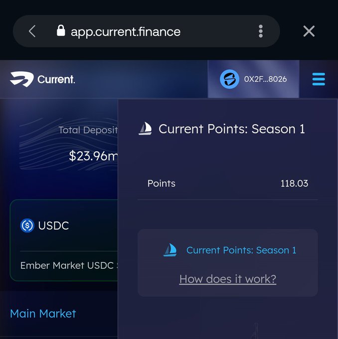A mobile browser screenshot of the Current finance app (app.current.finance) displays a popup showing "Current Points: Season 1" with a balance of 118.03 points, alongside a connected wallet address (0X2F...8026) and a Total Deposits figure of $23.96M. The image illustrates the post's claim that Season 1 has ended, showing the user's earned points ready to be converted to $CRT tokens at the upcoming TGE.