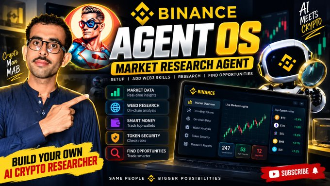 A YouTube thumbnail advertises 'BINANCE AGENT OS' with text reading 'BUILD YOUR OWN AI CRYPTO RESEARCHER' and features features labeled 'MARKET DATA', 'WEB3 RESEARCH', 'SMART MONEY', 'TOKEN SECURITY', and 'FIND OPPORTUNITIES'.