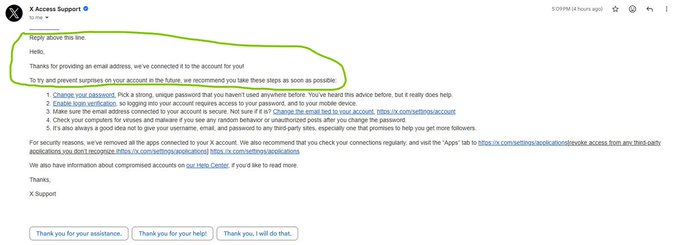 An X (formerly Twitter) post from X Access Support with a green circled section emphasizing the advice to 'Enable login verification' for account security.