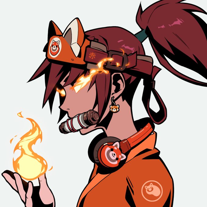 An anime-style character with red hair tied in a high ponytail, glowing fiery eyes, and an orange Shiba-themed headband holds a flame in her hand, with the kanji "赤" (meaning "red") visible on her headgear. The artwork's orange color palette, Shiba motifs, and fiery Japanese-inspired design embody the stylized "Akahoshi" aesthetic, aligning with the collector's enthusiasm for showcasing rare Azuki NFT grails.
