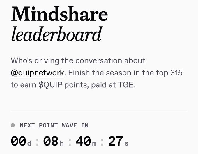 A 'Mindshare leaderboard' screen reads 'Who's driving the conversation about @quipnetwork. Finish the season in the top 315 to earn $QUIP points, paid at TGE,' with a countdown showing '00d : 08h : 40m : 27s' to the next point wave.