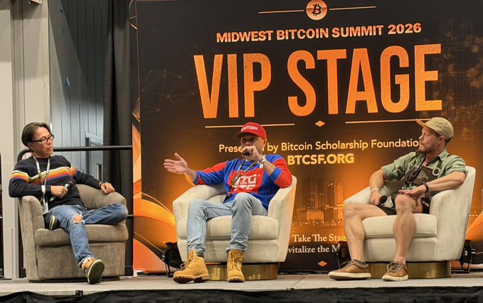 Three men sit on chairs on the VIP Stage at the Midwest Bitcoin Summit 2026, presented by the Bitcoin Scholarship Foundation (BTCSF.org).