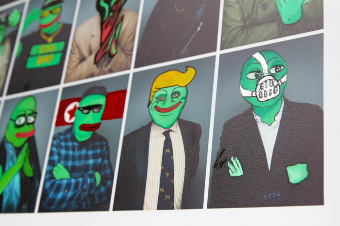 A close-up of a collection of artwork or stickers featuring various characters with the green Pepe the Frog mask, including a figure resembling Donald Trump and another with 'MEME' written over its mouth.