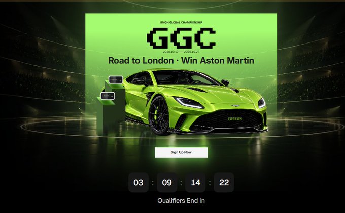 A promotional graphic for the “GMGN Global Championship” (GGC), dated “2025.11.11–2025.12.27,” features a bright green Aston Martin and the headline “Road to London · Win Aston Martin.” A countdown labeled “Qualifiers End In” shows 03 days, 09 hours, 14 minutes, and 22 seconds, linking the Base meme-trading promotion to GMGN’s prize campaign.
