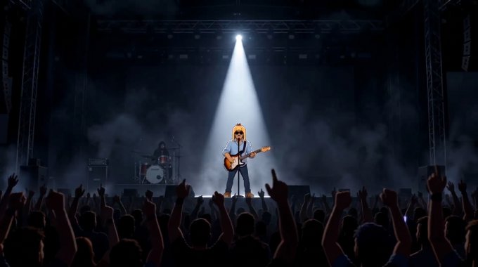 A man is standing on a stage with his guitar, surrounded by a large crowd of people clapping and cheering him on. The stage lights are shining brightly, illuminating both the performer and the audience. There's also an interesting background detail - a microphone stand placed behind the performer, possibly for live performances or recording sessions.