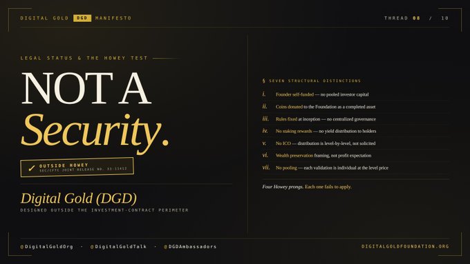 A black and white poster with a gold title "Not a Security" and a list of rules against security violations, accompanied by a logo for Digital Gold.
