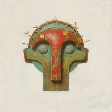 A photograph of a decorative wall sculpture resembling a stylized face or mask, painted in distressed green and red tones, with a wire crown or halo adorned with small, leaf-like elements around its head.