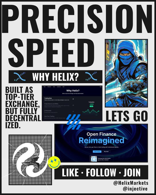 This image promotes Helix Markets, an on-chain exchange built on Injective, highlighting its precision, speed, and decentralized nature. The poster features large text emphasizing "PRECISION SPEED" and graphics similar to the Helix Markets logo to complement the accompanying promotional text.