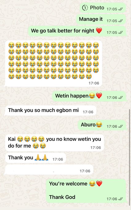 A WhatsApp conversation shows a heartfelt exchange in Pidgin English where someone sent money to their sister, who responded with an overwhelming flood of crying-laughing emojis saying "Thank you so much egbon mi" and "Kai you no know wetin you do for me," perfectly illustrating the post's proud moment of finally being able to support the sibling who has always come through for them.
