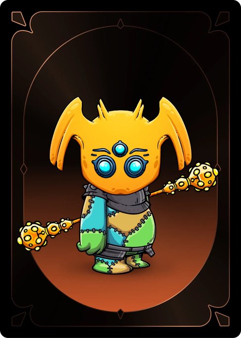 A stylized illustration of a yellow, three-eyed Koda creature with horn-like ears, wearing patchwork clothing and holding two spotted mace-like weapons, displayed on a dark card design. The artwork represents the Koda NFT character from the OthersideMeta collection mentioned in the post.