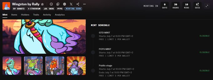 Wington by Rally NFT mint schedule page showing GTO MINT, FCFS MINT, and Public stage dates with a sword-wielding character artwork.