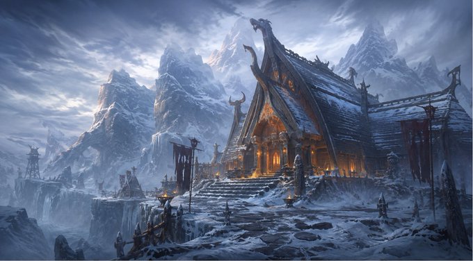 A fantasy digital artwork depicting a Viking-style longhouse with a dragon-headed roof, warmly lit from within, set against a snowy mountainous landscape with stormy skies.