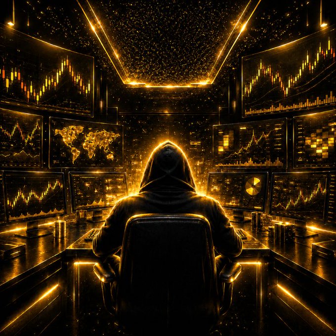 A hooded figure sits before a vast array of glowing golden monitors displaying candlestick charts, a world map, and trading analytics in a high-tech command center. The image visually reinforces the post's message by symbolizing a secretive, institutional-grade trading operation—aligning with the "private trading floor," professional signal feeds, and professional market data offered by CryptoReviewing.