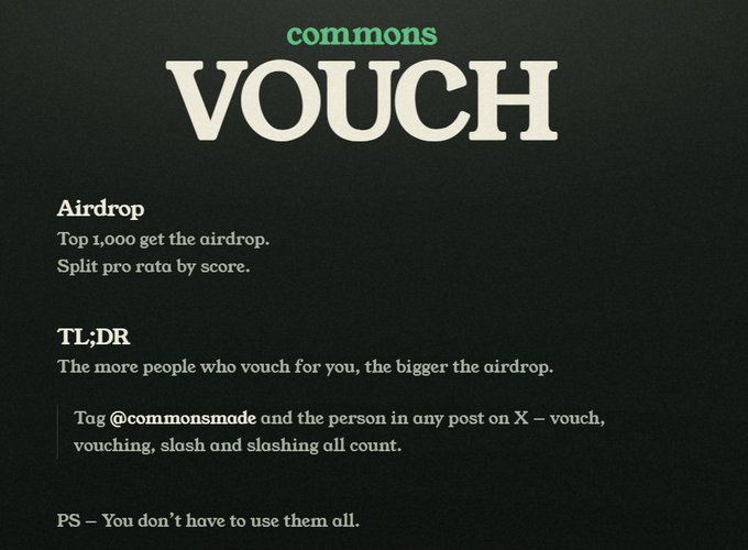 A dark-themed informational graphic titled 'commons VOUCH' explaining an airdrop where 'Top 1,000 get the airdrop' with details about tagging @commonsmade on X.