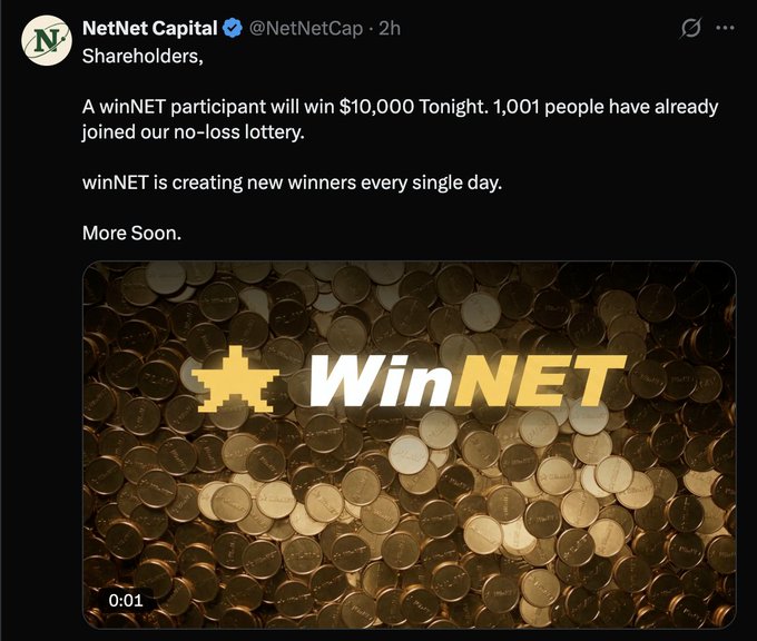 Tweet from NetNet Capital (@NetNetCap) announcing a $10,000 winNET lottery tonight with 1,001 participants, featuring a WinNET logo over a background of gold coins.