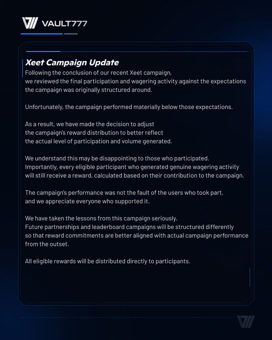 A dark blue announcement from Vault777 titled "Xeet Campaign Update" explaining that the campaign underperformed and rewards will be adjusted based on actual participation.