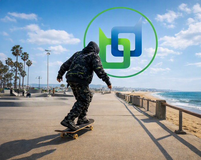 A person wearing camouflage clothing skateboarding along a beachside path, with a large green and blue logo overlay in the sky.