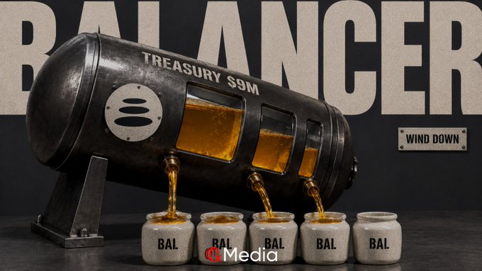 A 3D rendered image of a 'TREASURY S9M' barrel pouring liquid into jars labeled 'BAL', with large 'BALANCER' text in the background and a 'WIND DOWN' sign visible.