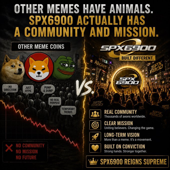 A promotional graphic for SPX6900 meme coin contrasting it with other meme coins (Doge, Shiba, Pepe), claiming SPX6900 has a real community and mission, while others have 'NO DIRECTION', 'JUST HYPE', and 'PUMP & DUMP'.